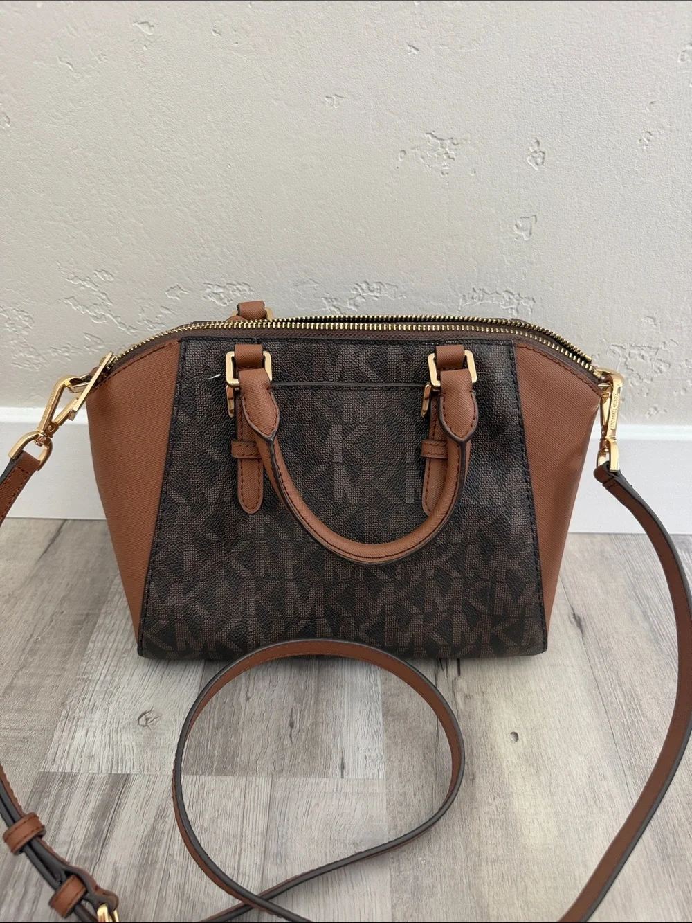 Michael Kors Brown Logo & Tan Leather Satchel